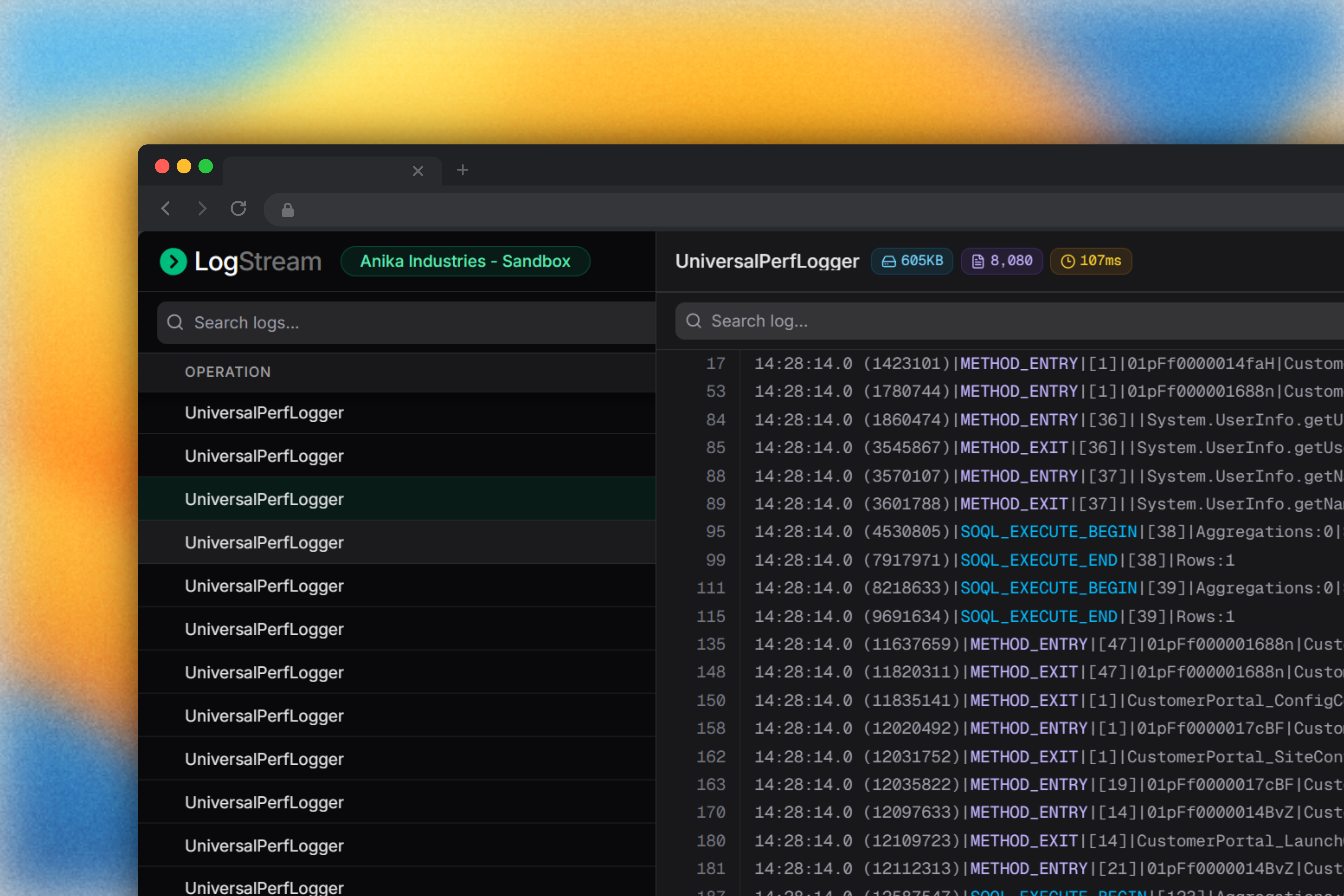 LogStream open in a browser tab, with the live log list beside an open log body