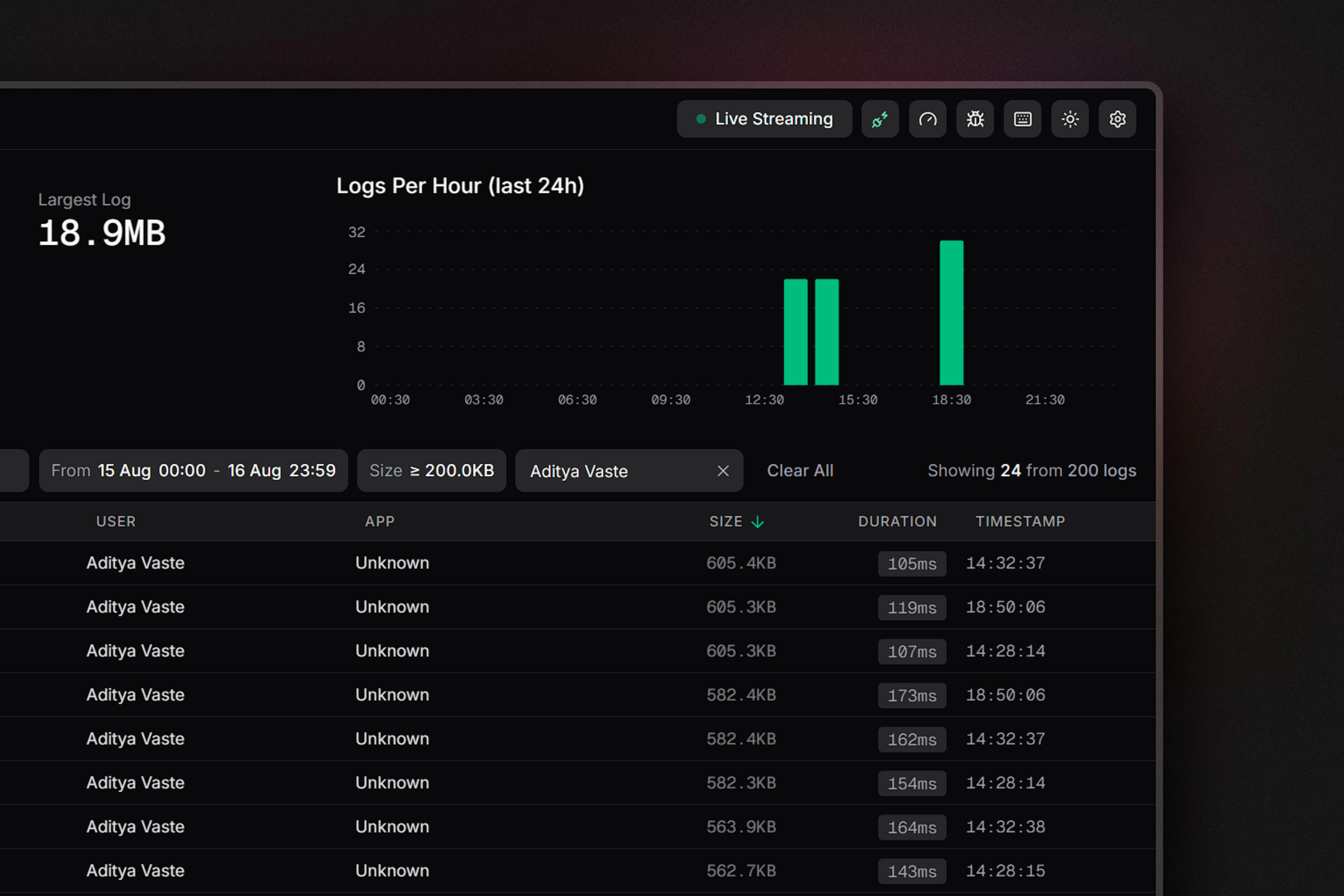 Filtering logs by user, time range and size