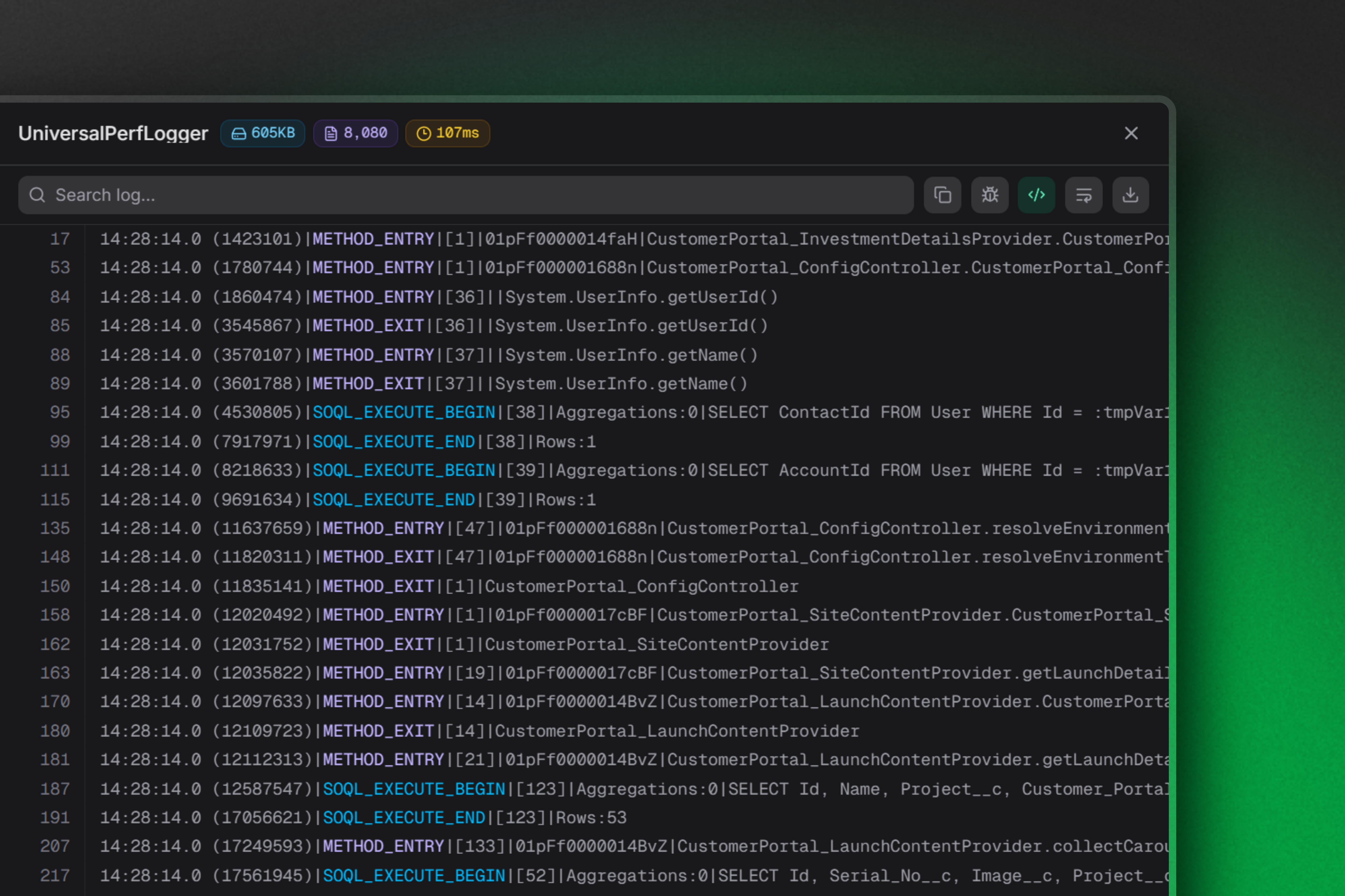 The log body viewer with search and line numbers