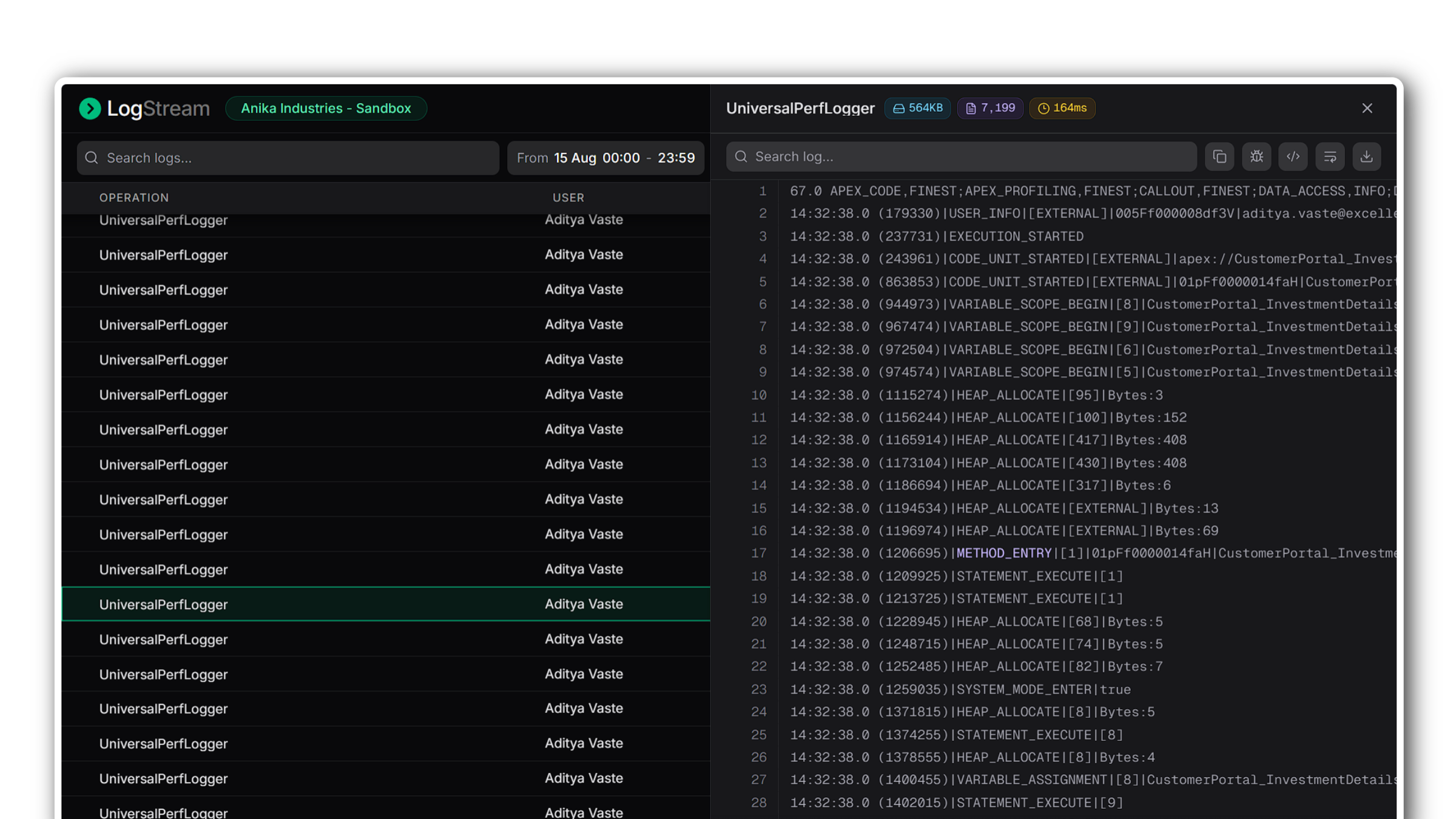 The LogStream workspace: live log list, hourly volume chart, and filter bar